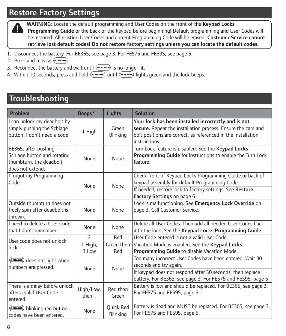Restore factory settings, Troubleshooting, Restore factory settings troubleshooting | Schlage BE365 User Guide User Manual | Page 6 / 8