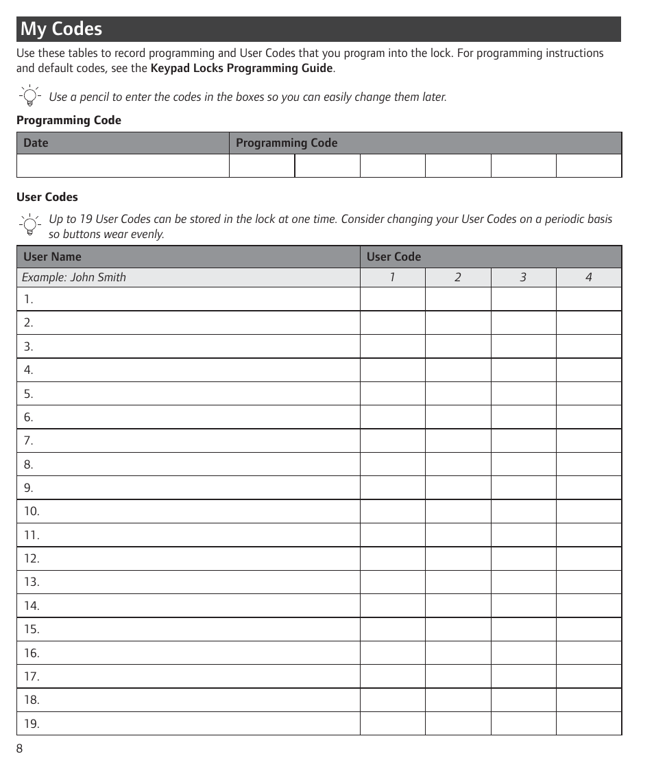 My codes | Schlage BE365 User Guide User Manual | Page 8 / 8