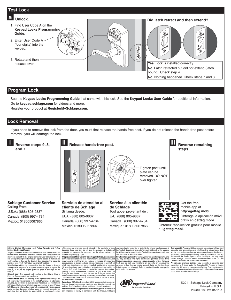 Program lock, Lock removal, Test lock | Schlage FE595 Installation User Manual | Page 4 / 8