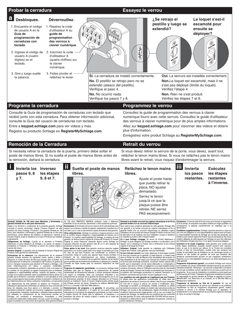 Remoción de la cerradura retrait du verrou, Probar la cerradura essayez le verrou, Programe la cerradura programmez le verrou | Schlage FE595 Installation User Manual | Page 8 / 8