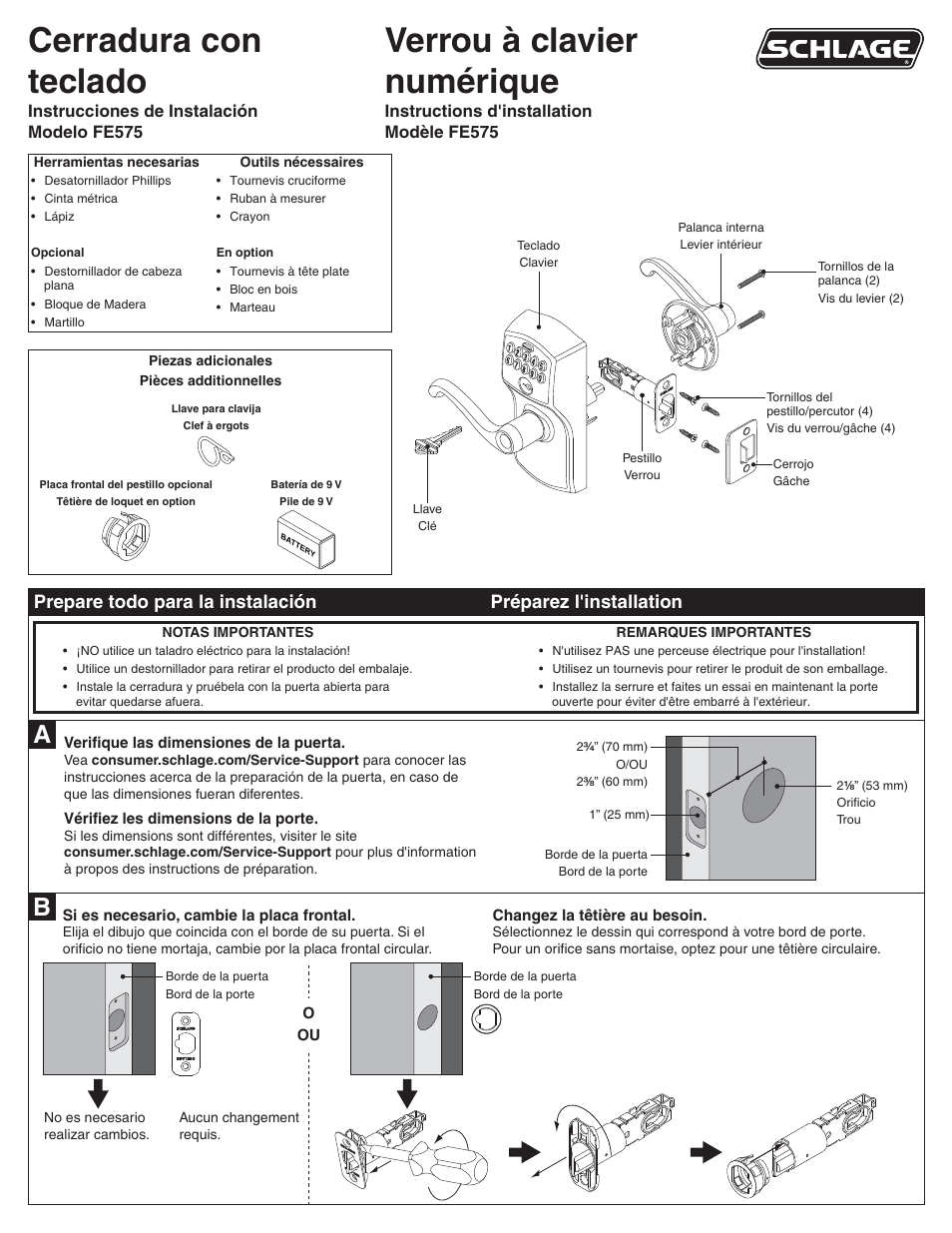 Cerradura con teclado, Verrou à clavier numérique, Instrucciones de instalación modelo fe575 | Instructions d'installation modèle fe575 | Schlage FE575 Installation User Manual | Page 5 / 8