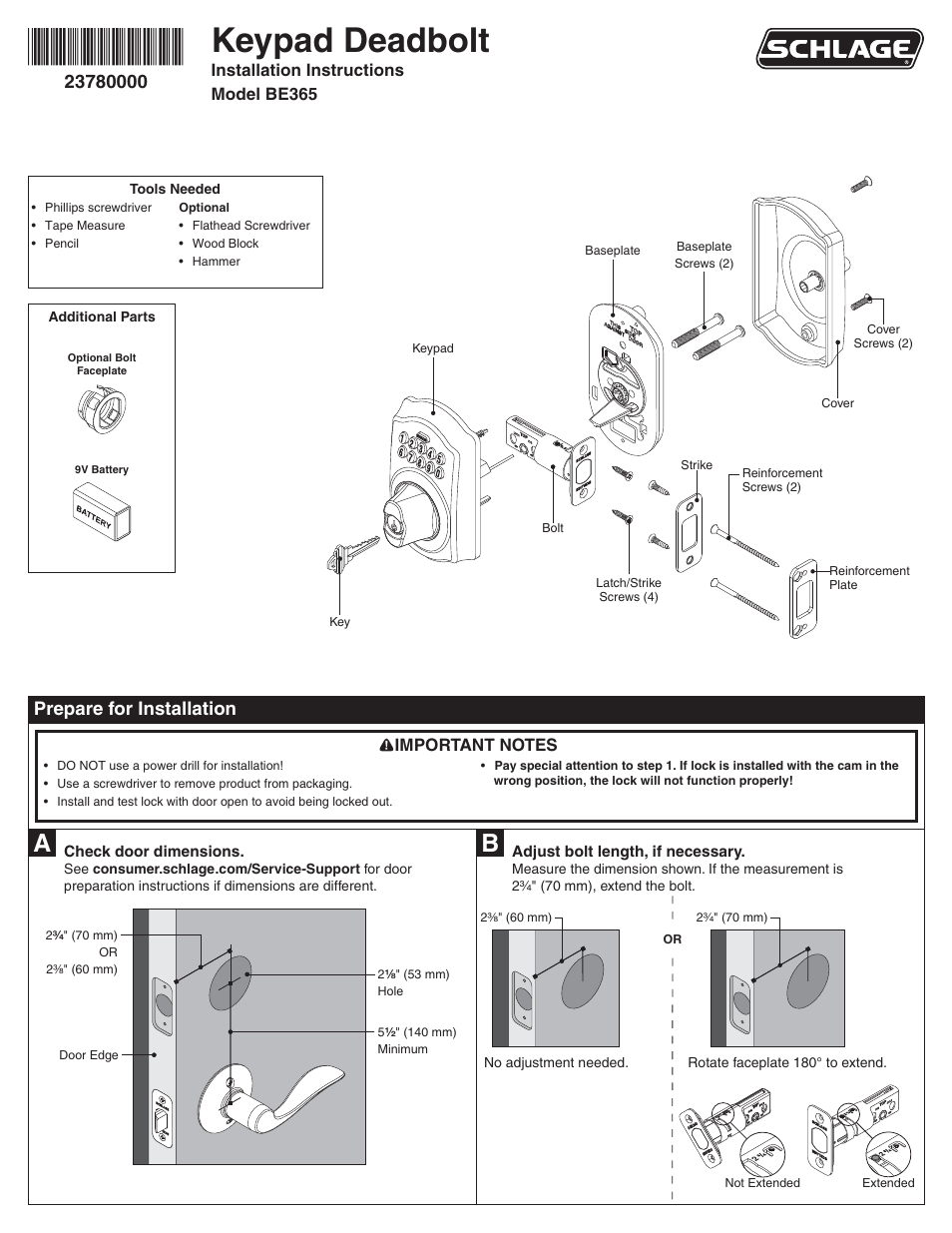Schlage BE365 Installation User Manual | 8 pages