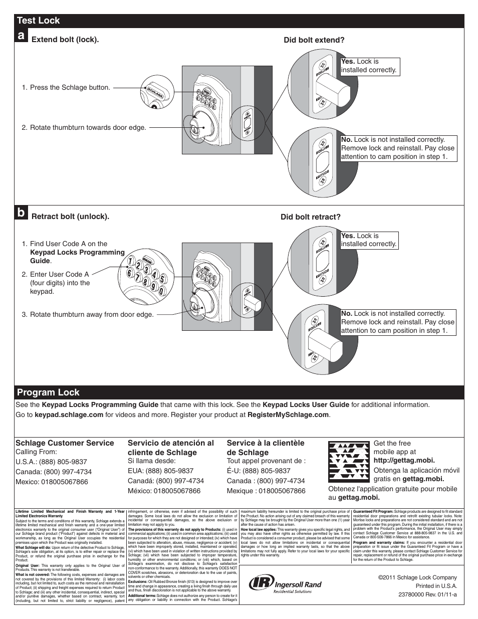 Test lock, Program lock | Schlage BE365 Installation User Manual | Page 4 / 8
