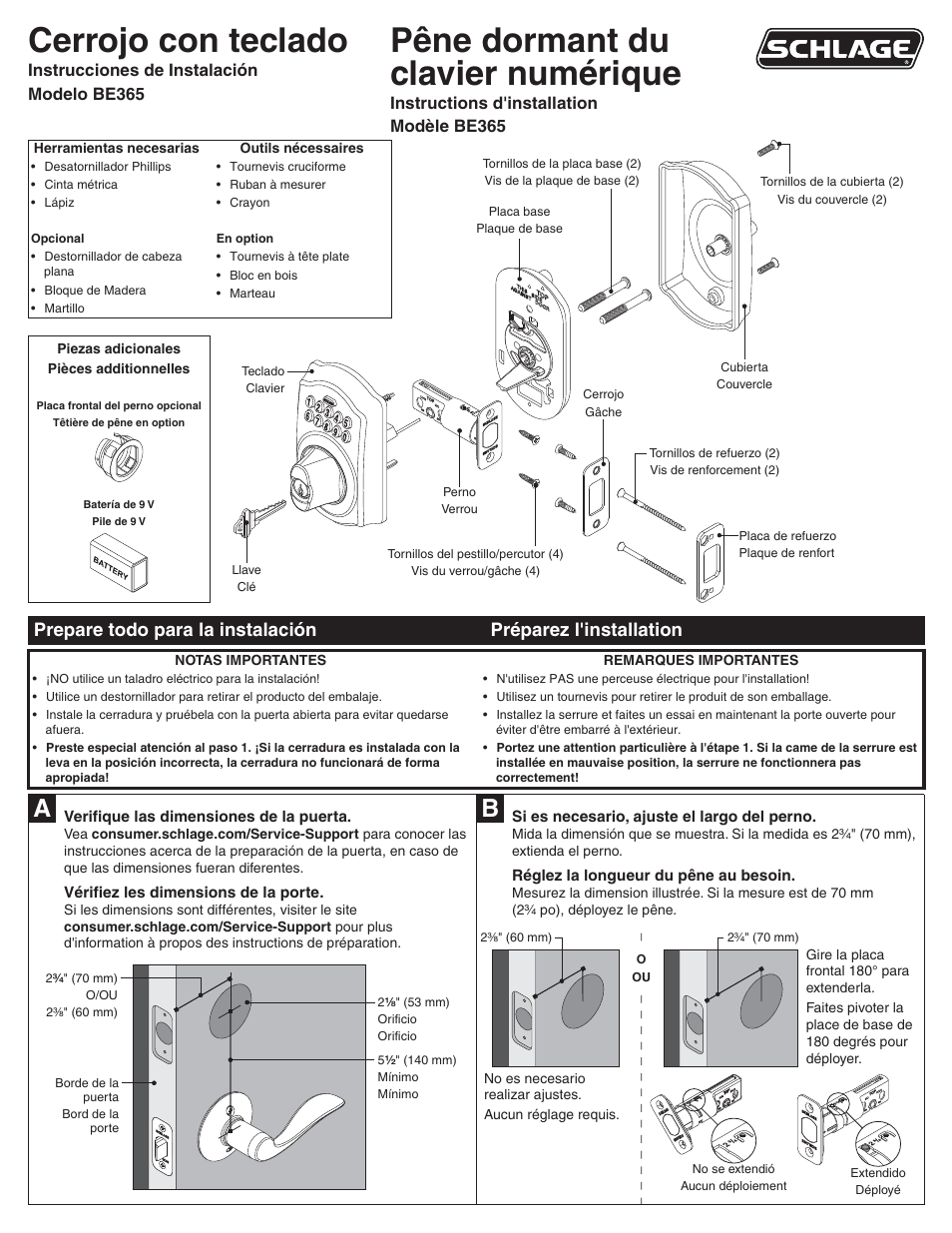 Cerrojo con teclado, Pêne dormant du clavier numérique, Instrucciones de instalación modelo be365 | Instructions d'installation modèle be365 | Schlage BE365 Installation User Manual | Page 5 / 8