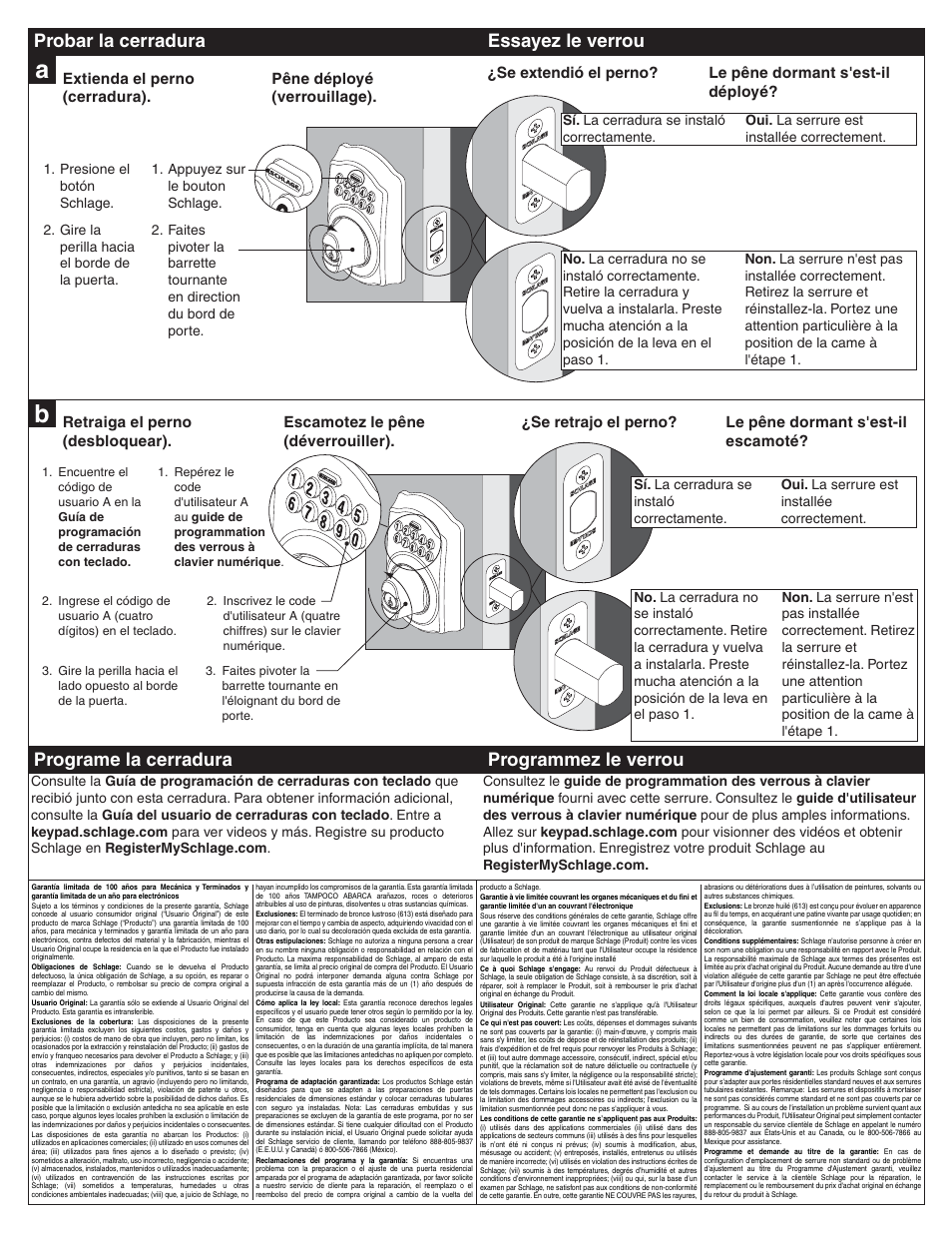 Probar la cerradura essayez le verrou, Programe la cerradura programmez le verrou | Schlage BE365 Installation User Manual | Page 8 / 8