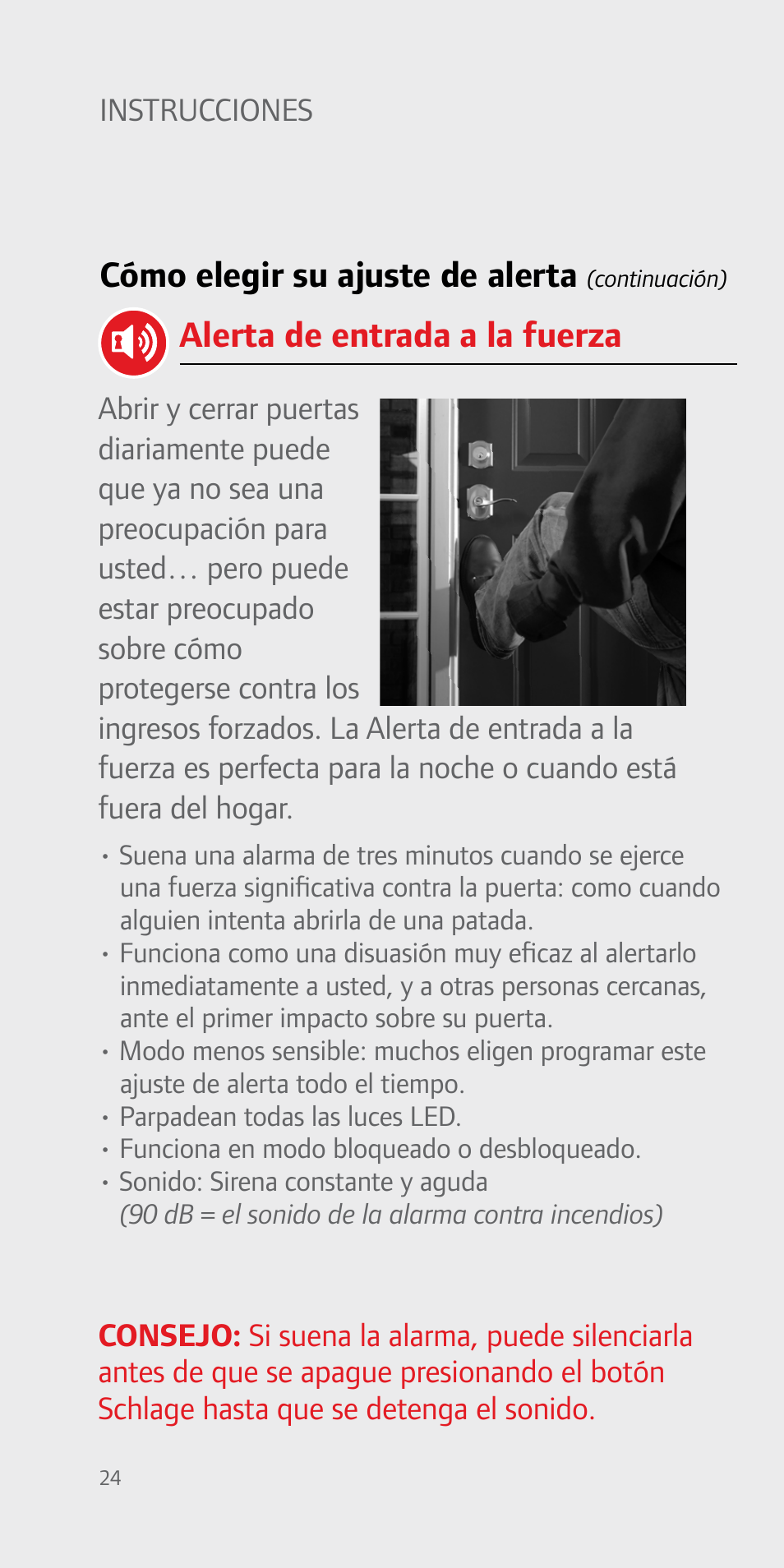 Cómo elegir su ajuste de alerta, Alerta de entrada a la fuerza | Schlage FE51 User Guide User Manual | Page 24 / 44