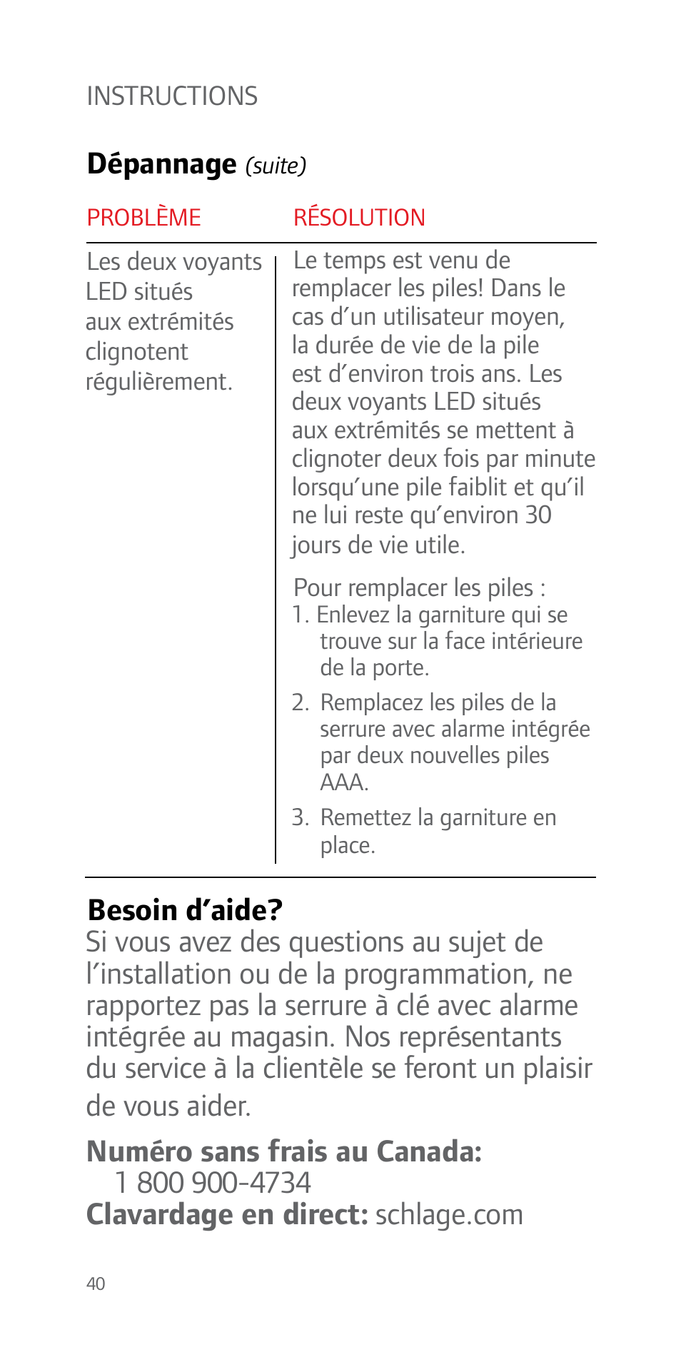 Dépannage | Schlage FE51 User Guide User Manual | Page 40 / 44