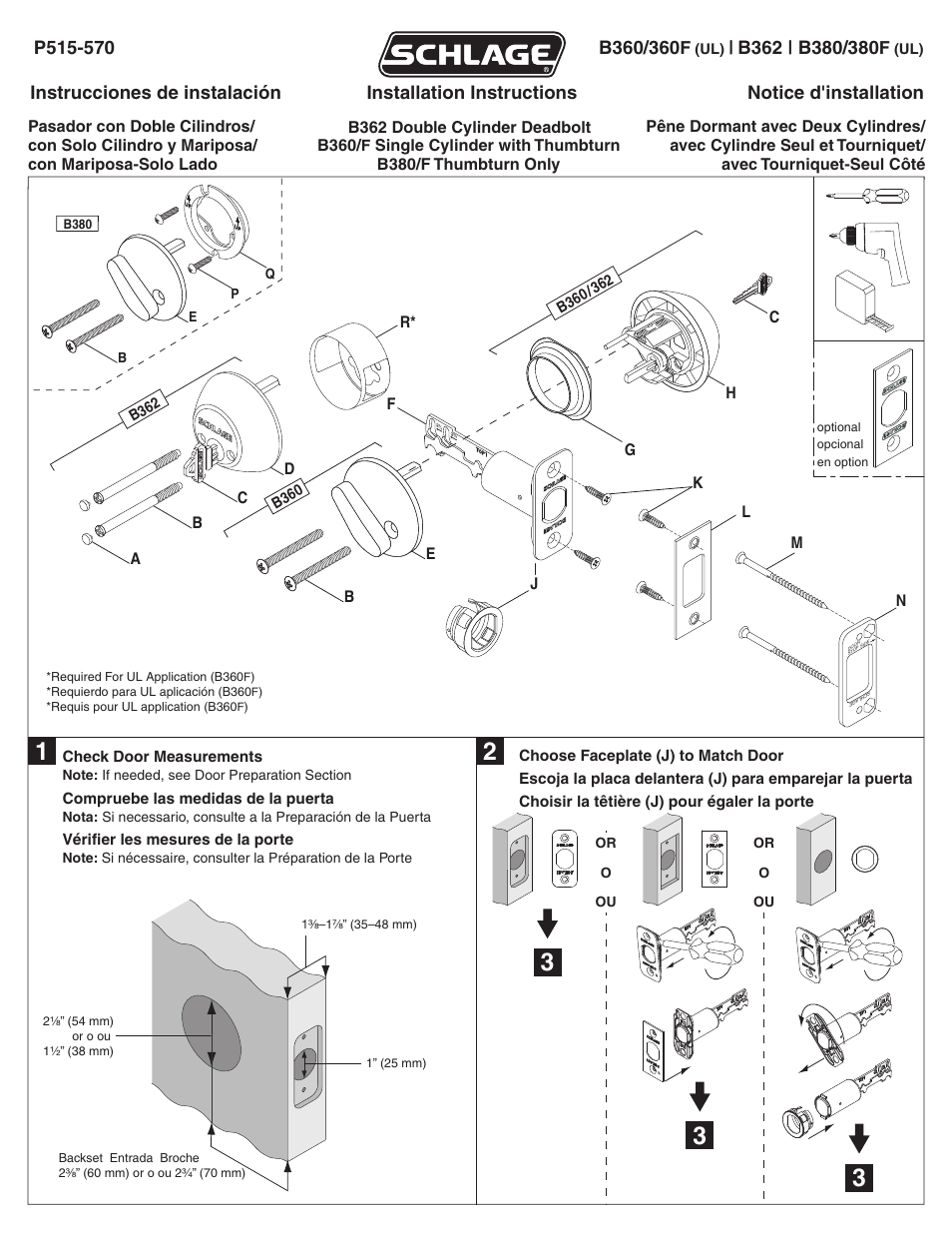Schlage B360_B360F(UL)_B362_B380_B380F(UL) Installation User Manual | 4 pages