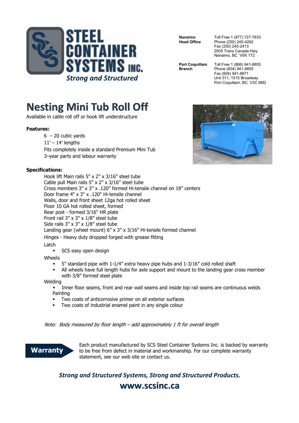 SCS Steel Container Systems Nesting Mini Tub Roll Off User Manual | 1 page
