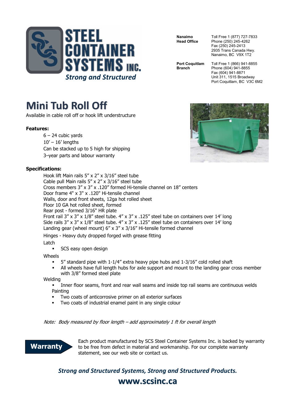 SCS Steel Container Systems Mini Tub Roll Off User Manual | 1 page