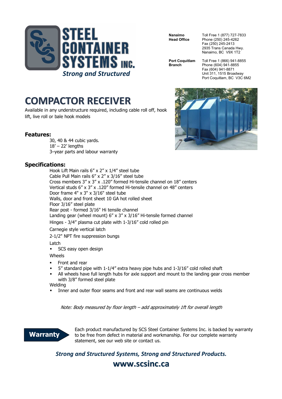 SCS Steel Container Systems COMPACTOR RECEIVER User Manual | 1 page