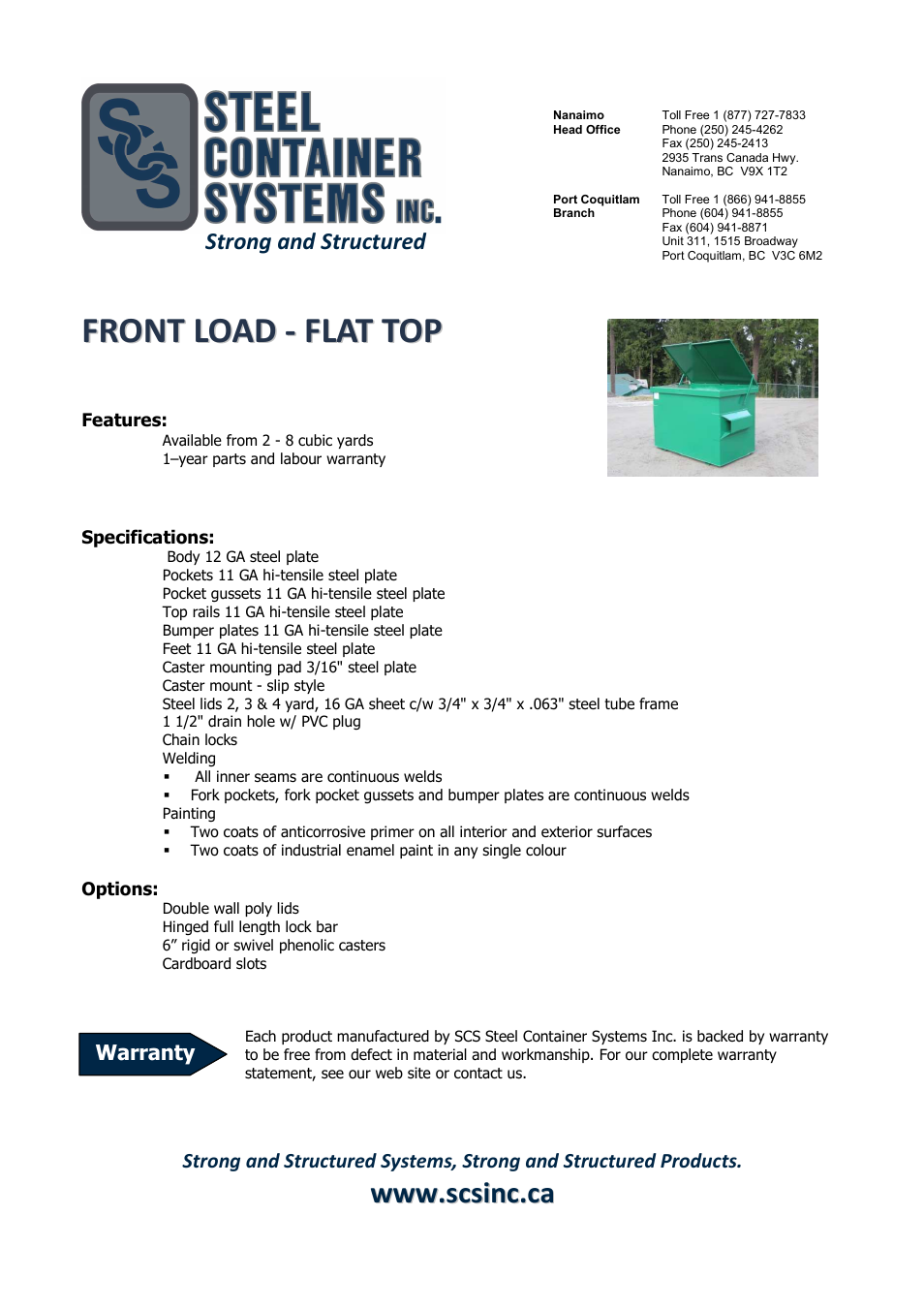 SCS Steel Container Systems FRONT LOAD - FLAT TOP User Manual | 1 page
