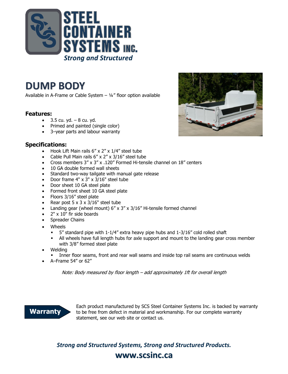 SCS Steel Container Systems DUMP BODY User Manual | 1 page