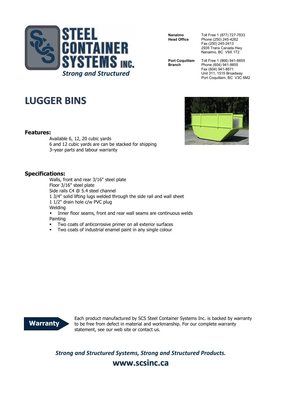 SCS Steel Container Systems LUGGER BINS User Manual | 2 pages