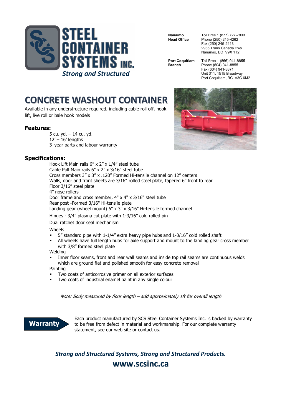 SCS Steel Container Systems CONCRETE WASHOUT CONTAINER User Manual | 1 page