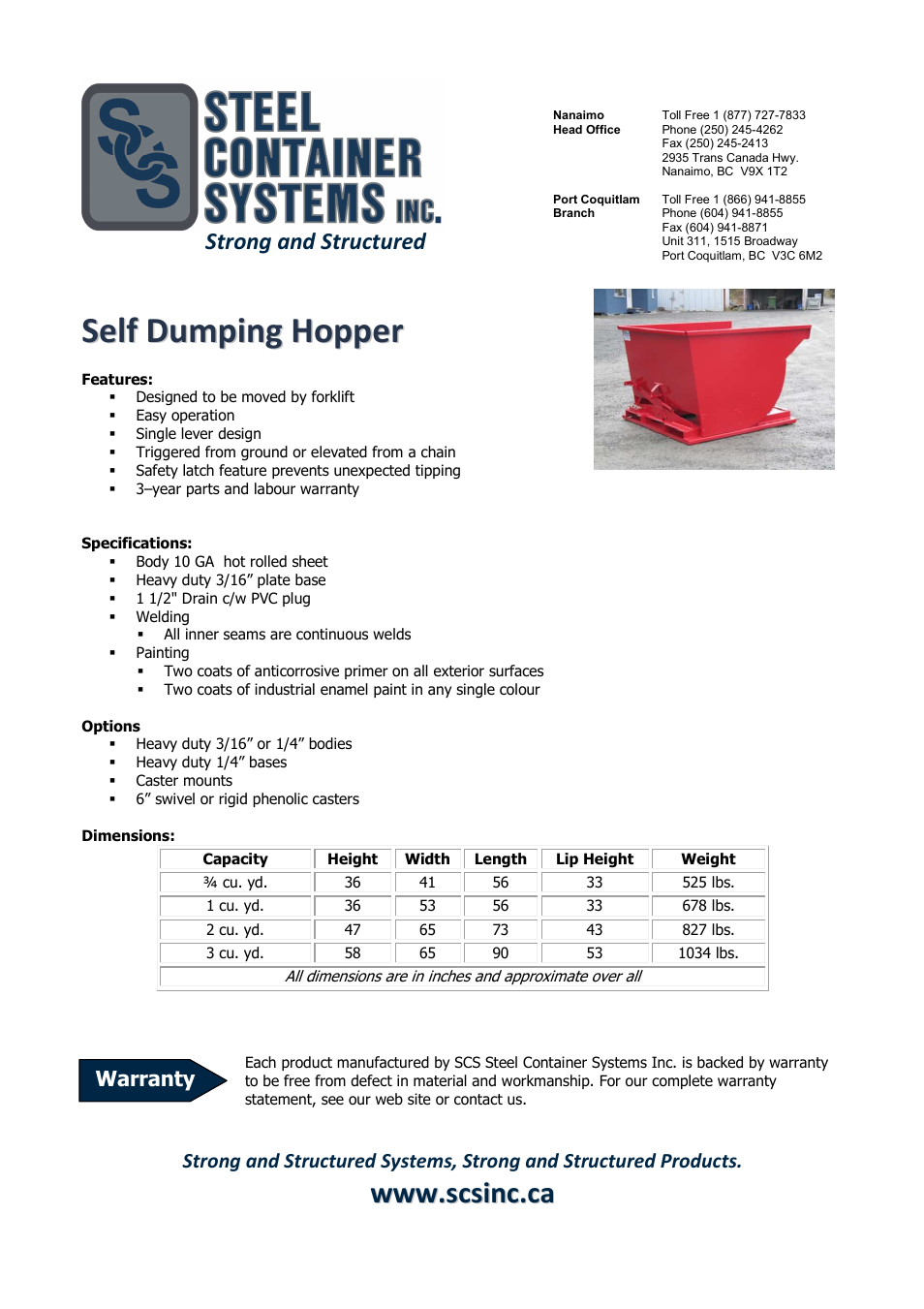 SCS Steel Container Systems Self Dumping Hopper User Manual | 1 page