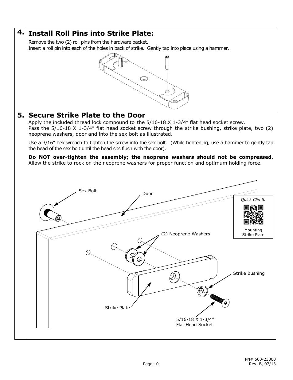 Install roll pins into strike plate, Secure strike plate to the door | Securitron M380BD User Manual | Page 10 / 16