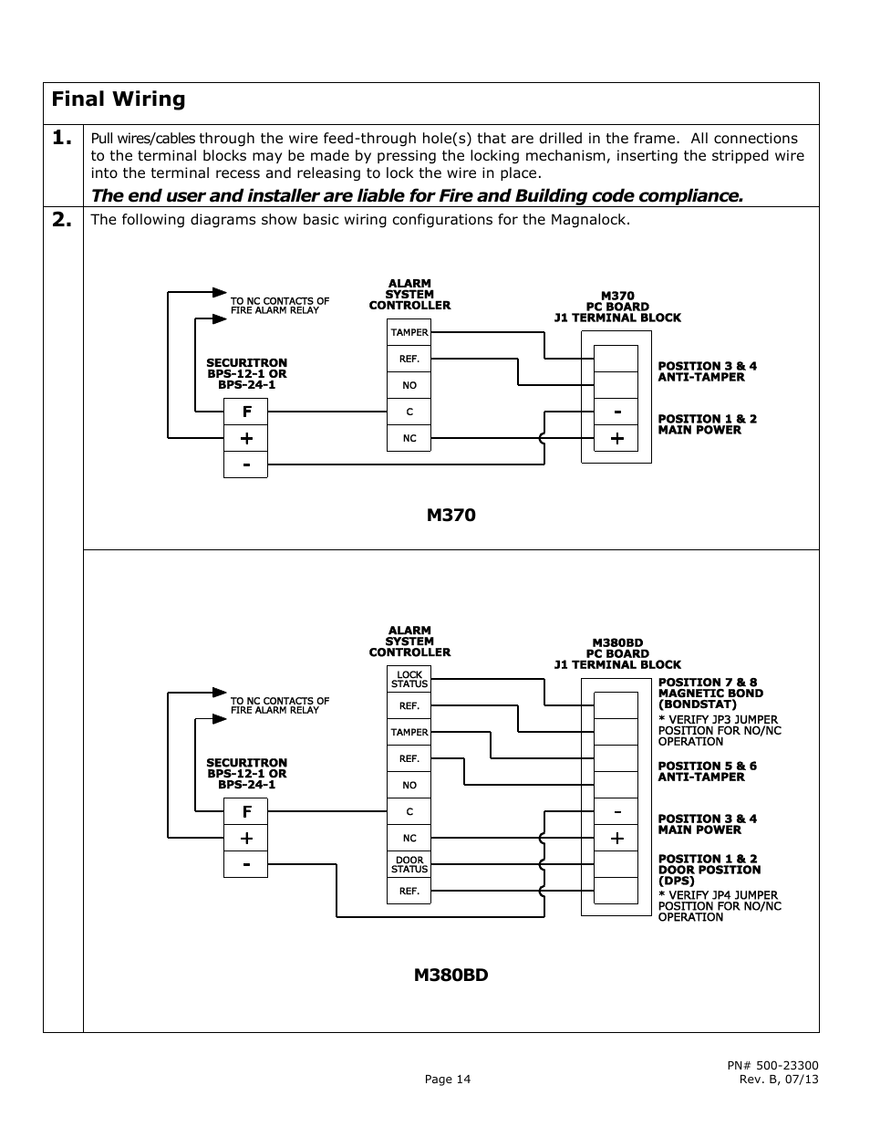 Final wiring | Securitron M380BD User Manual | Page 14 / 16