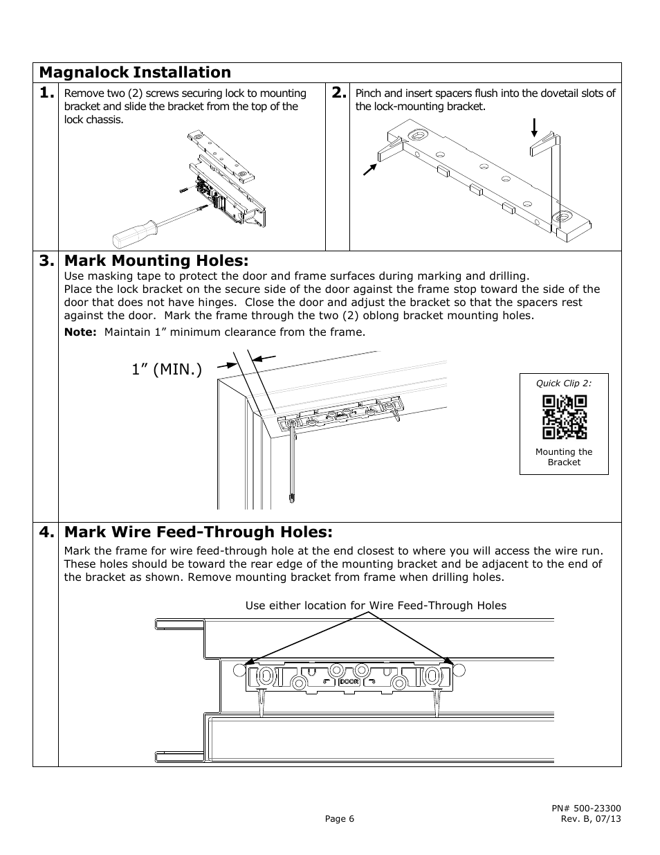 Magnalock, Installation, Mark mounting holes | Mark wire feed-through holes, 1” (min.) | Securitron M380BD User Manual | Page 6 / 16