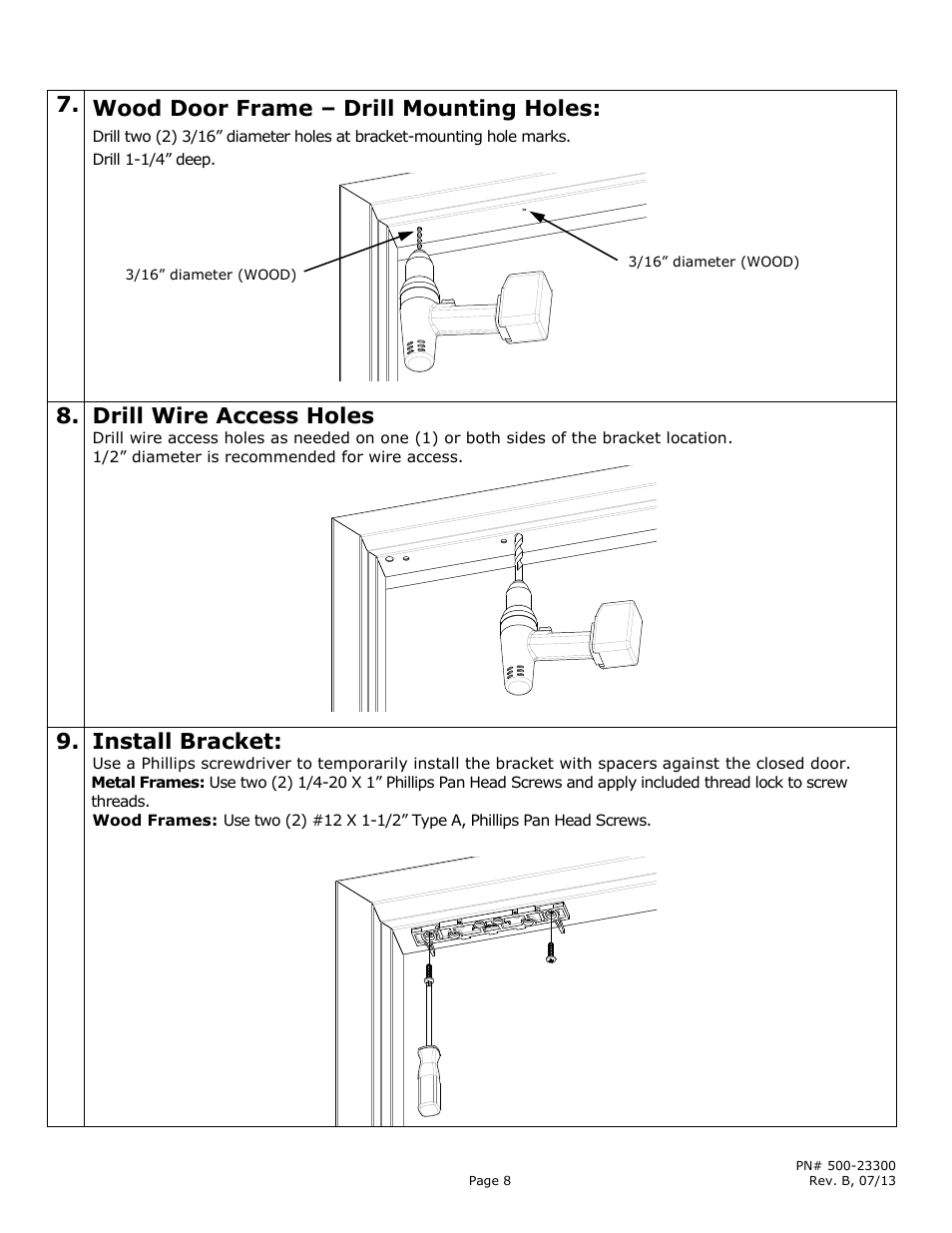 Wood door frame – drill mounting holes, Drill wire access holes, Install bracket | Securitron M380BD User Manual | Page 8 / 16