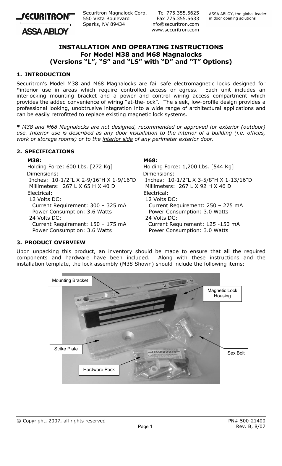 Securitron M68 (L, S and LS with D and T Options) User Manual | 14 pages