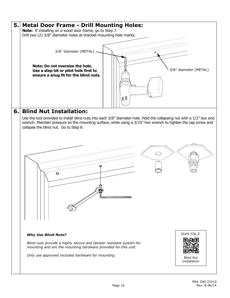 Metal door frame - drill mounting holes, Blind nut installation | Securitron M380BD_C_C2_X MAGNALOCK_Series User Manual | Page 10 / 20