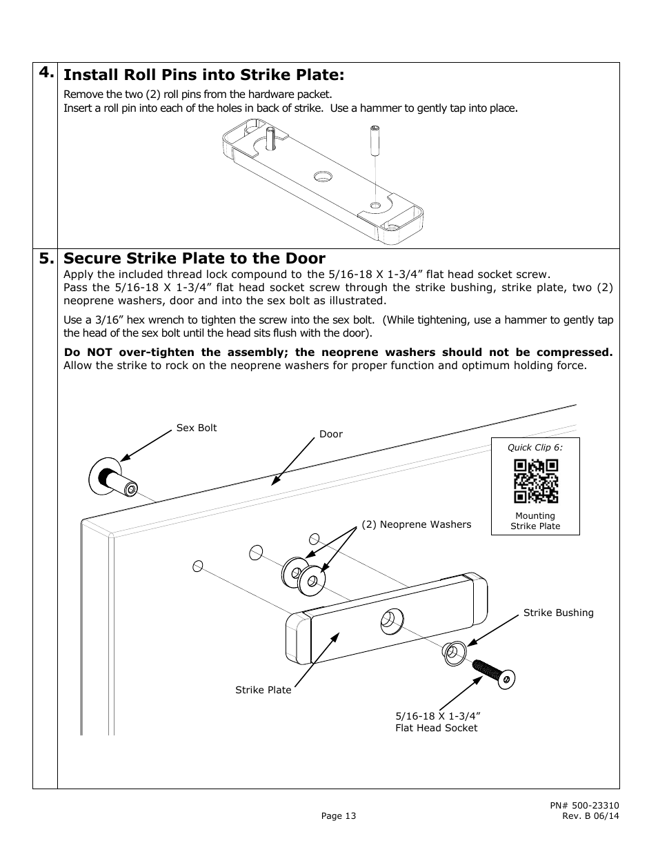 Install roll pins into strike plate, Secure strike plate to the door | Securitron M380BD_C_C2_X MAGNALOCK_Series User Manual | Page 13 / 20