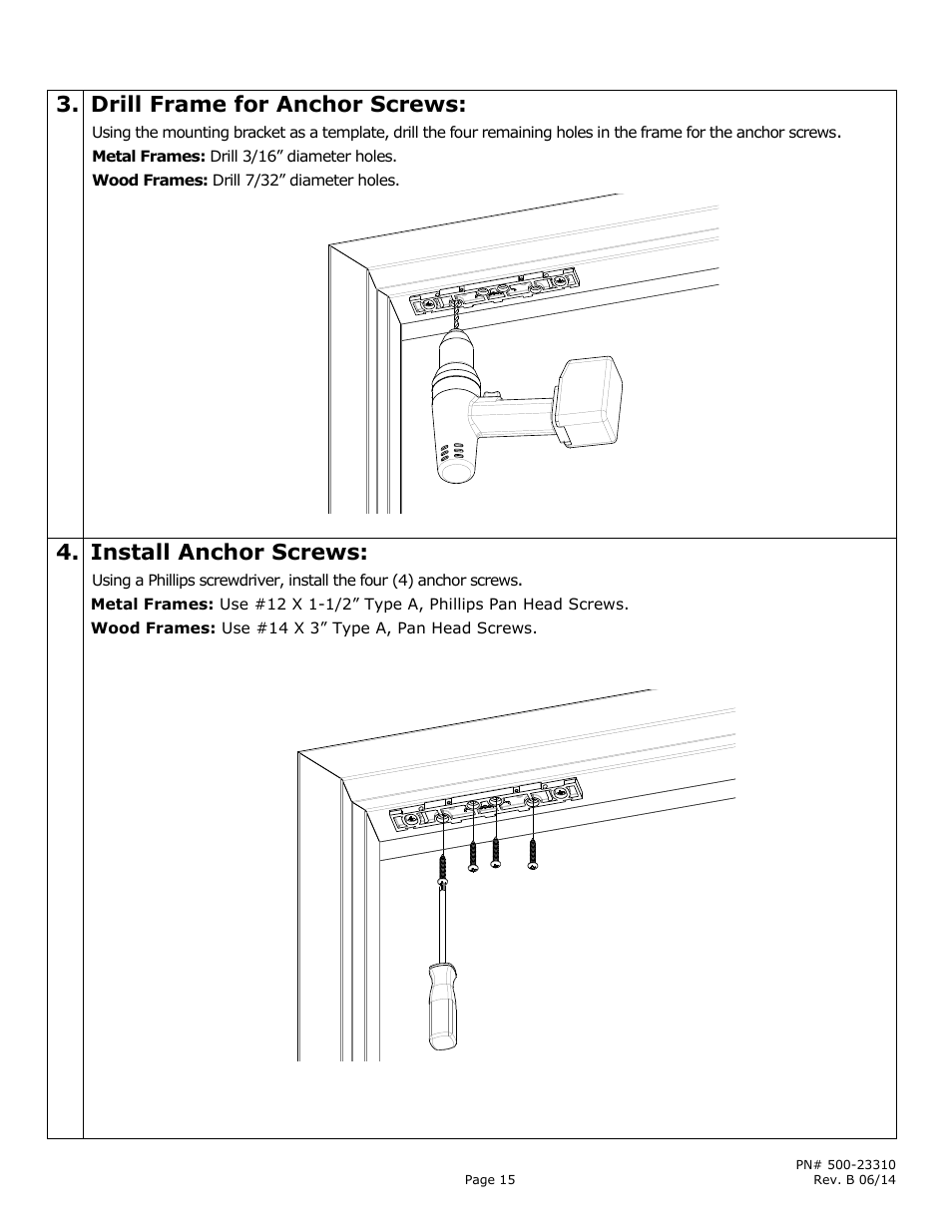 Drill frame for anchor screws, Install anchor screws | Securitron M380BD_C_C2_X MAGNALOCK_Series User Manual | Page 15 / 20