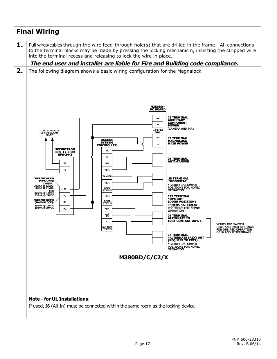 Final wiring | Securitron M380BD_C_C2_X MAGNALOCK_Series User Manual | Page 17 / 20