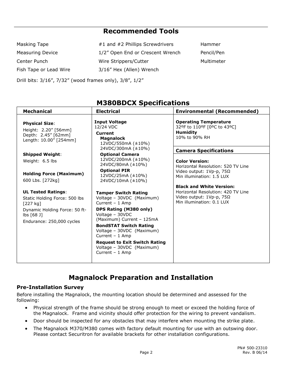 Recommended tools m380bdcx specifications, Magnalock preparation and installation | Securitron M380BD_C_C2_X MAGNALOCK_Series User Manual | Page 2 / 20