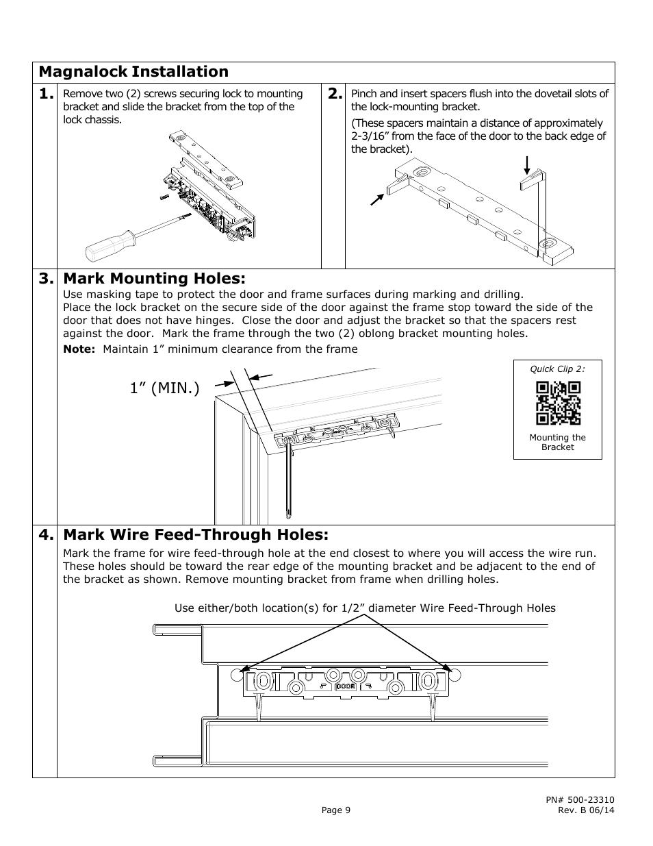 Magnalock, Installation, Mark mounting holes | Mark wire feed-through holes, 1” (min.) | Securitron M380BD_C_C2_X MAGNALOCK_Series User Manual | Page 9 / 20
