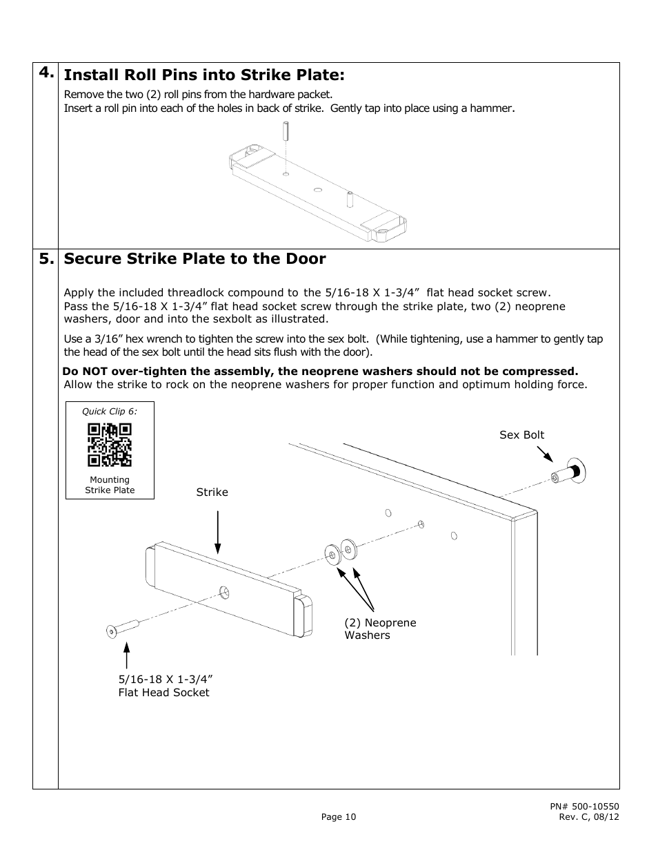 Install roll pins into strike plate, Secure strike plate to the door | Securitron M680 User Manual | Page 10 / 16