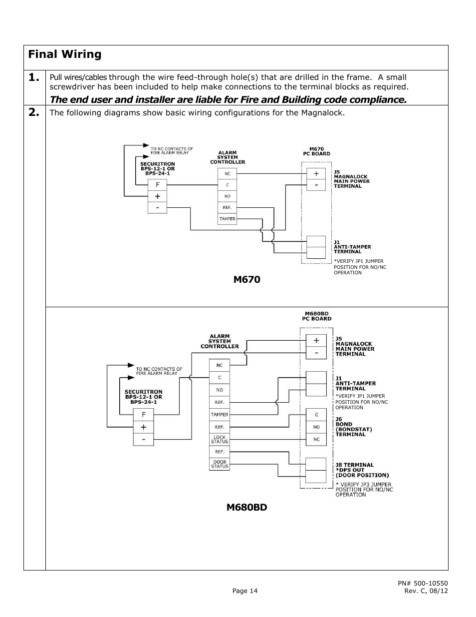 Final wiring | Securitron M680 User Manual | Page 14 / 16