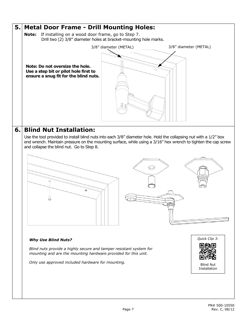 Metal door frame - drill mounting holes, Blind nut installation | Securitron M680 User Manual | Page 7 / 16