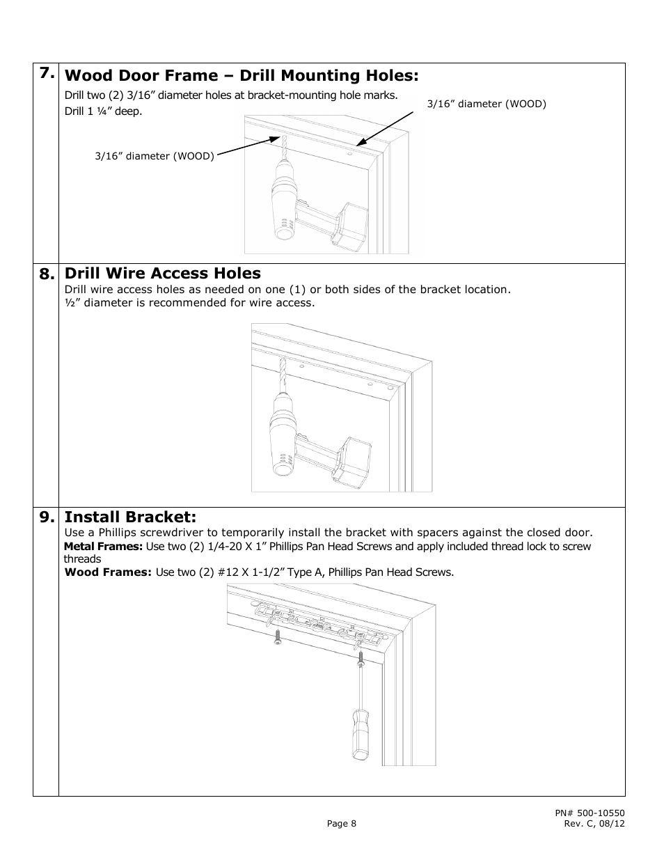 Wood door frame – drill mounting holes, Drill wire access holes, Install bracket | Securitron M680 User Manual | Page 8 / 16