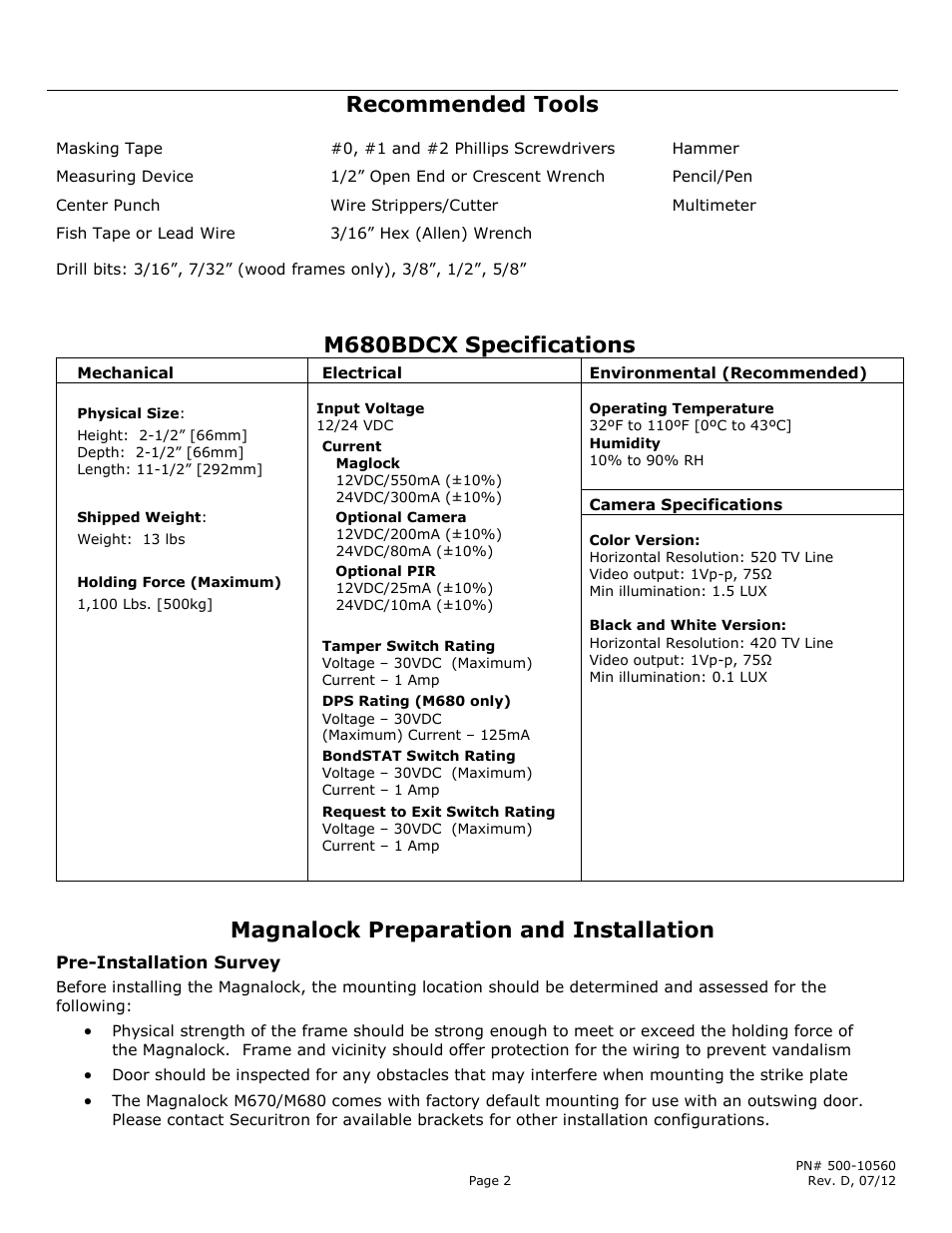 Recommended tools m680bdcx specifications, Magnalock preparation and installation | Securitron M680BDCX User Manual | Page 2 / 16