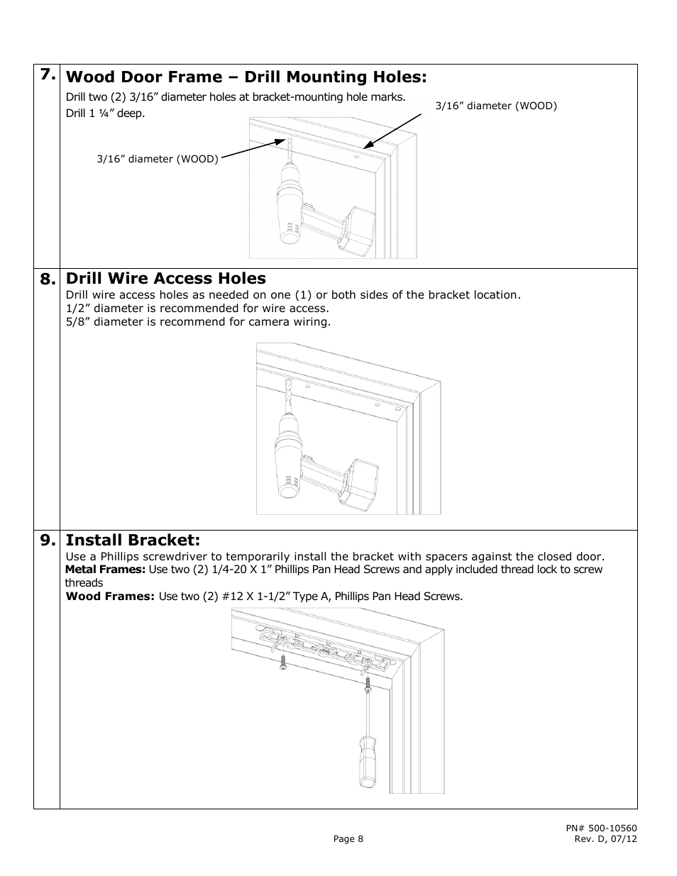 Wood door frame – drill mounting holes, Drill wire access holes, Install bracket | Securitron M680BDCX User Manual | Page 8 / 16