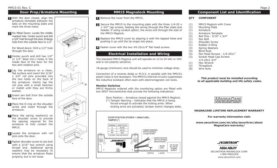 Securitron MM15 User Manual | 2 pages