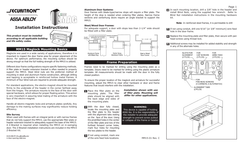 Installation instructions, Frame preparation, Mm15 maglock mounting basics | Securitron MM15 User Manual | Page 2 / 2