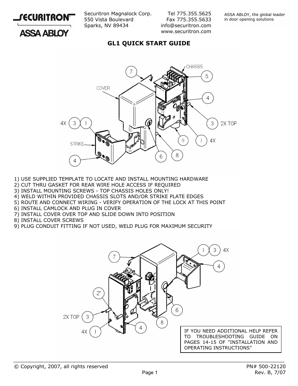 Securitron GL1 Quick Start User Manual | 1 page
