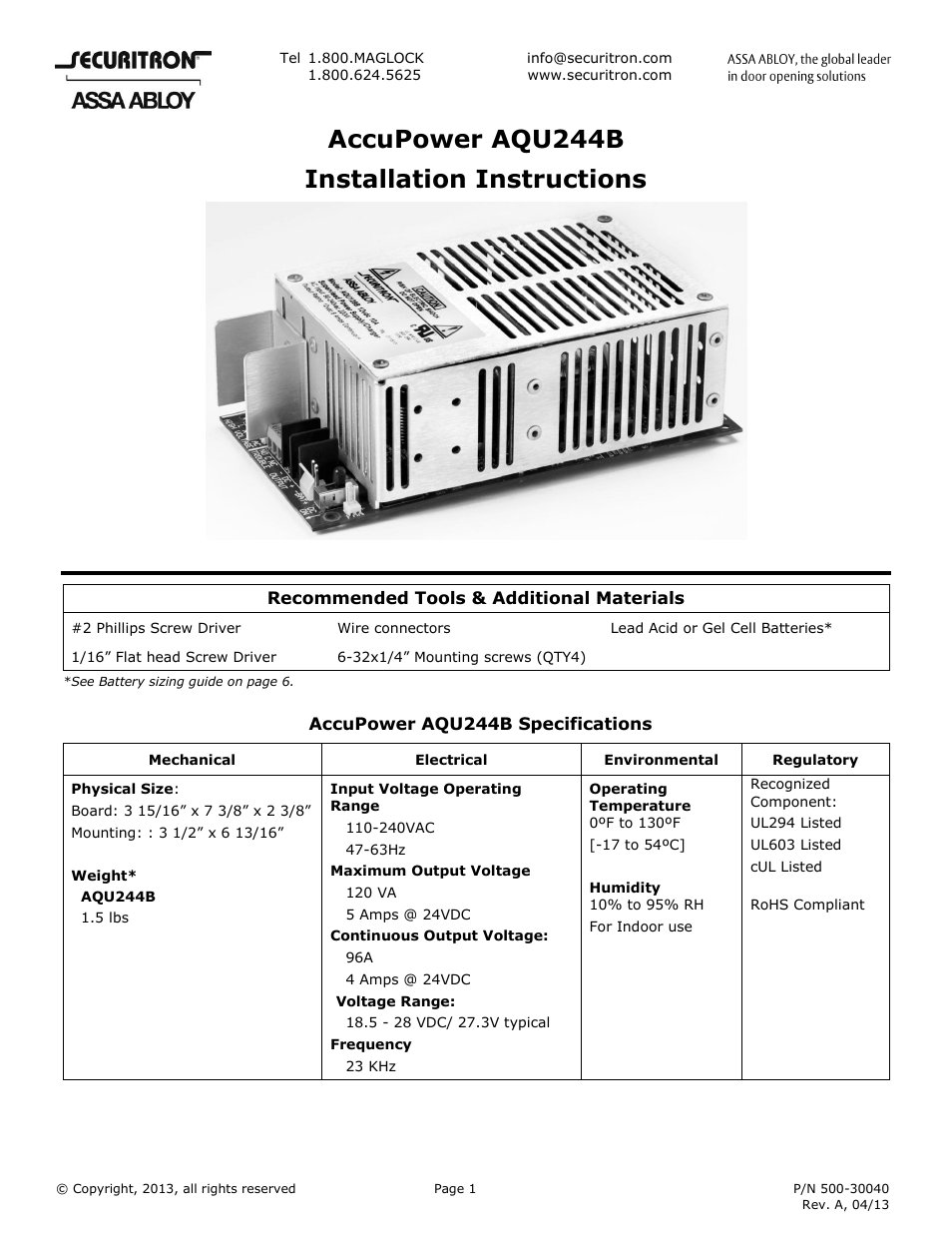 Securitron AQU244B User Manual | 7 pages