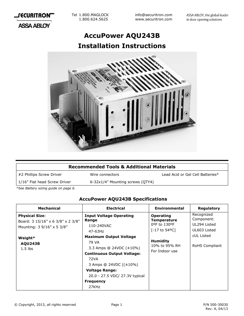 Securitron AQU243B User Manual | 7 pages