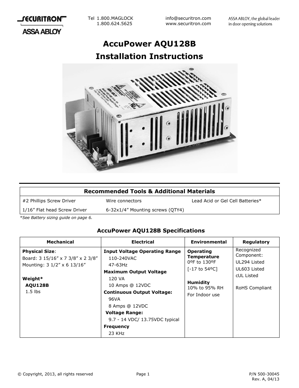 Securitron AQU128B User Manual | 6 pages