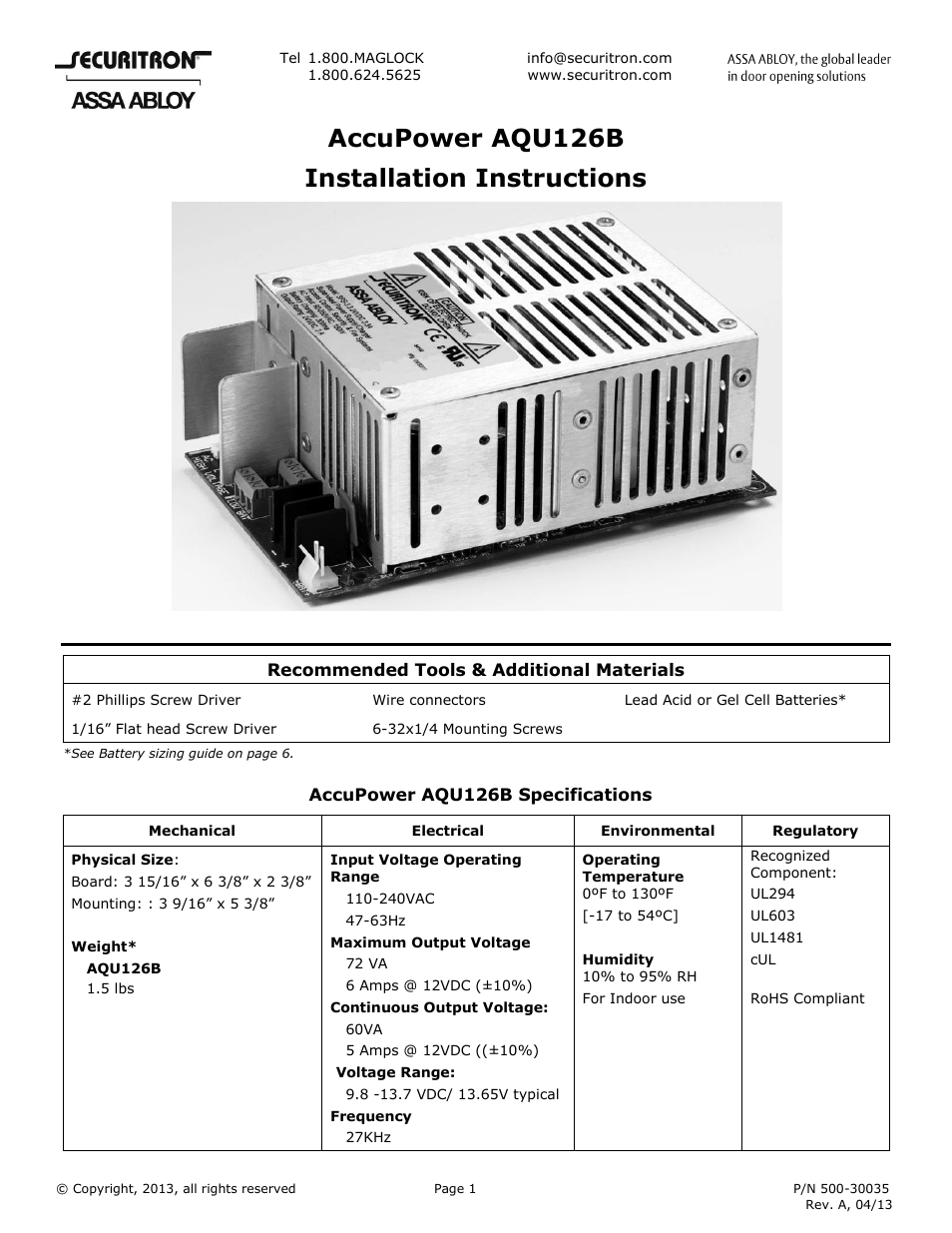 Securitron AQU126B User Manual | 7 pages