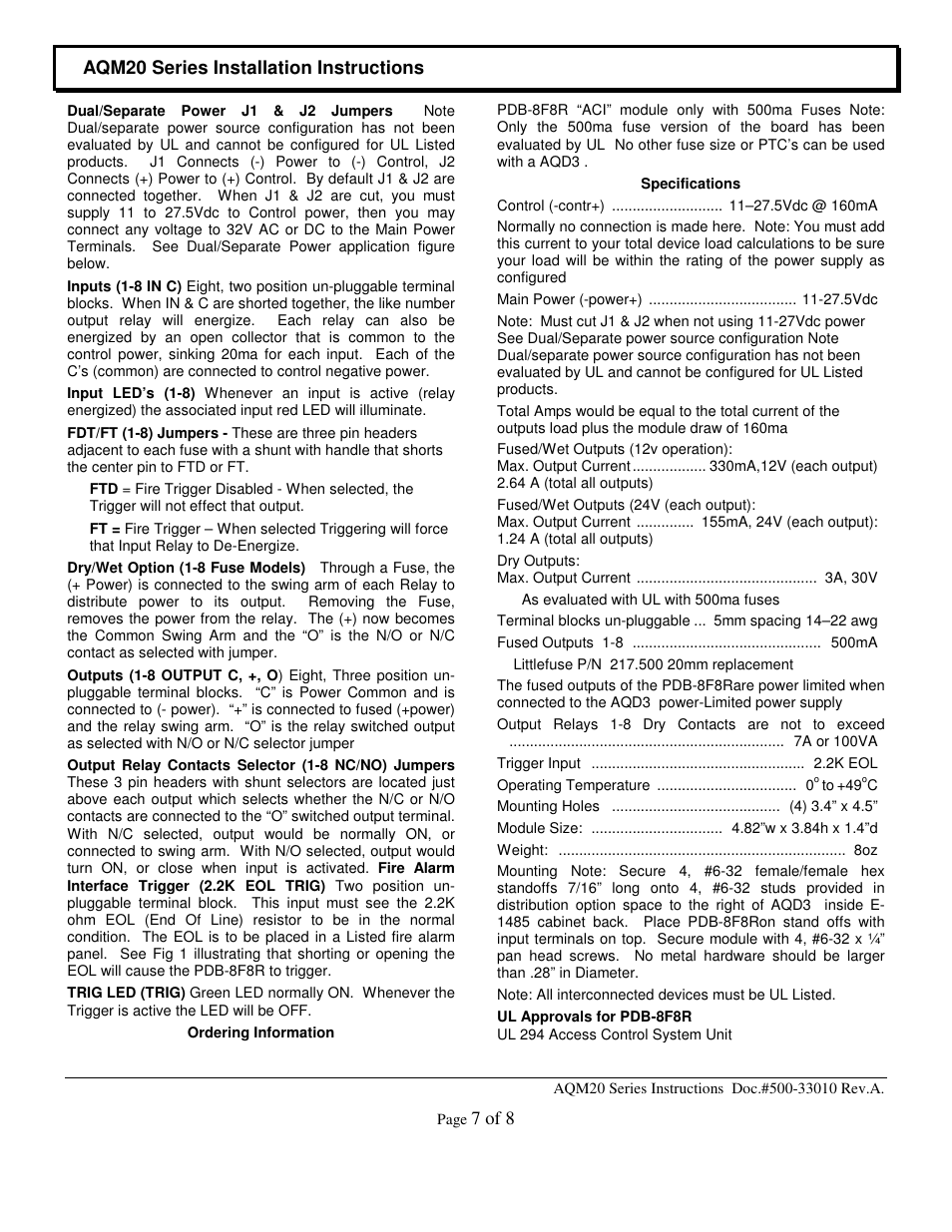 Aqm20 series installation instructions, 7 of 8 | Securitron AQM20 User Manual | Page 7 / 8