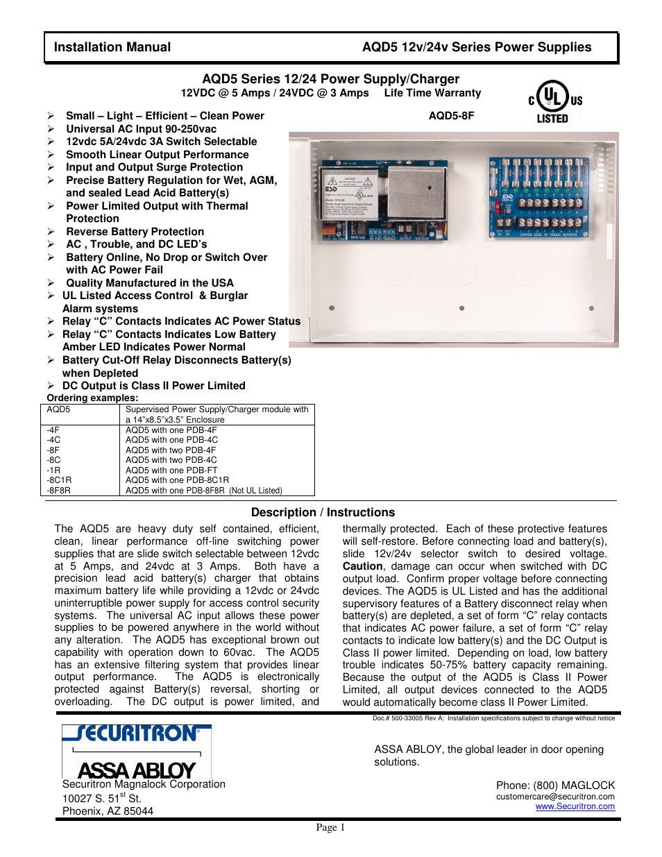 Securitron AQD5 User Manual | 4 pages