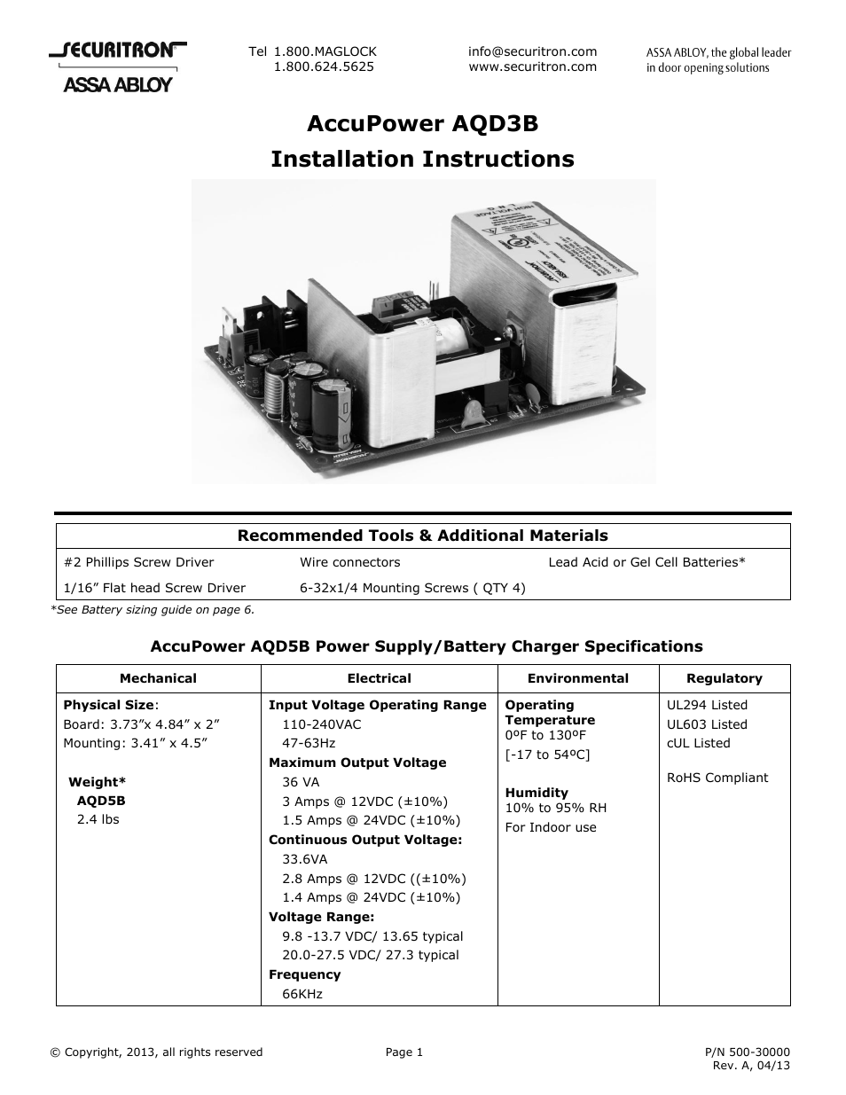 Securitron AQD3B User Manual | 7 pages
