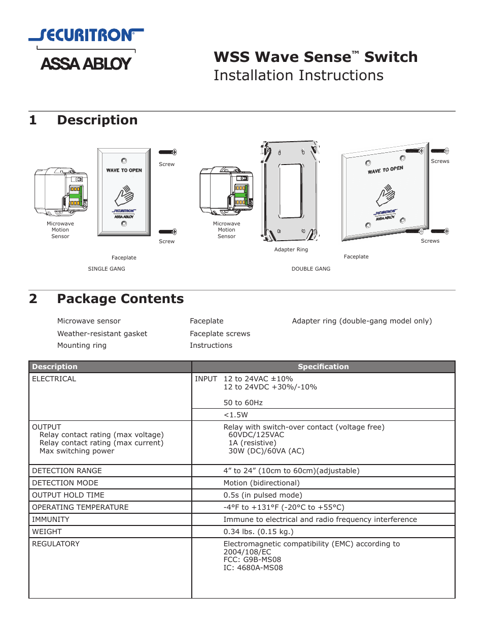 Securitron WSS User Manual | 3 pages