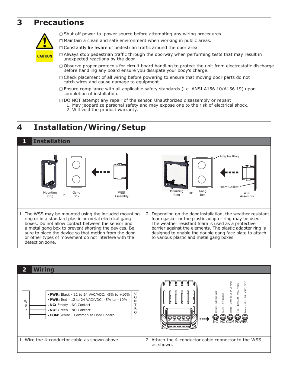 3 precautions 4 installation/wiring/setup, 1installation, 2wiring | Securitron WSS User Manual | Page 2 / 3