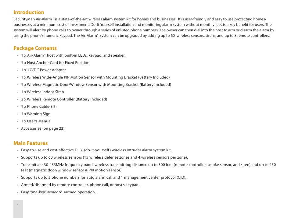 Introduction, Package contents, Main features | SecurityMan Air-AlArm1 - User manual User Manual | Page 4 / 28